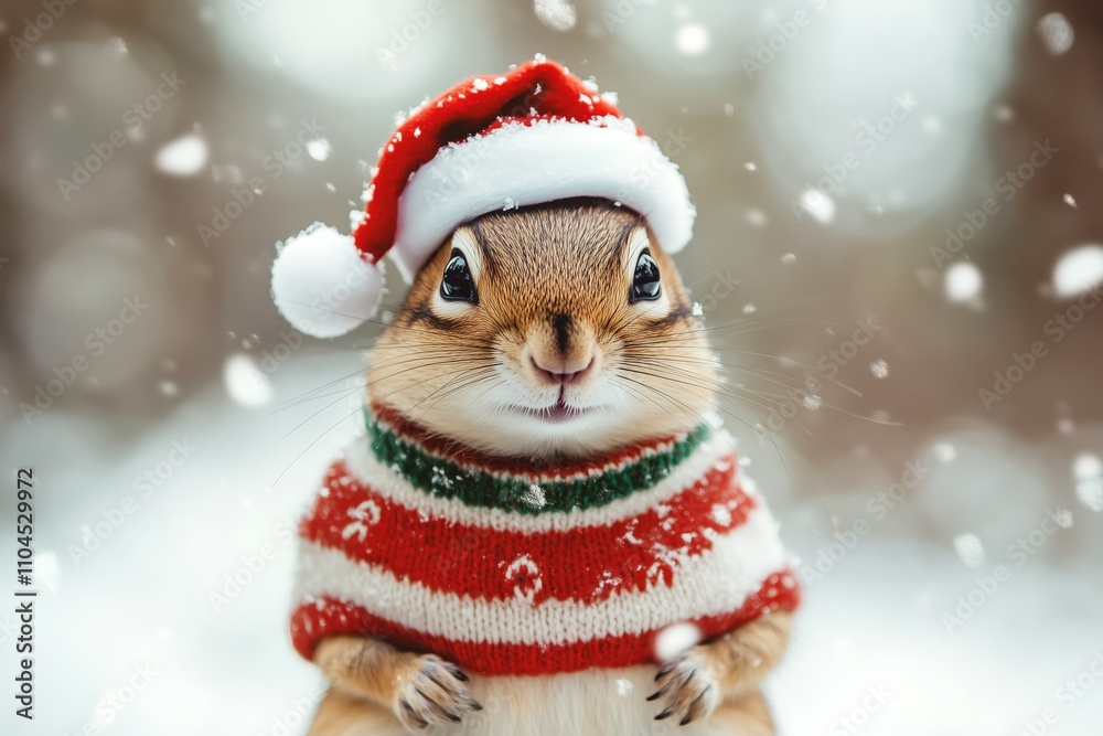 A cute chipmunk in winter with winter clothes like Santa Claus stands on the snow, Christmas style hat and sweater. Funny animals in winter. cute expression on the chipmunk. A cute chipmunk in winter with winter clothes like Santa Claus stands on the snow, Christmas style hat and sweater. Funny animals in winter. cute expression on the chipmunk.