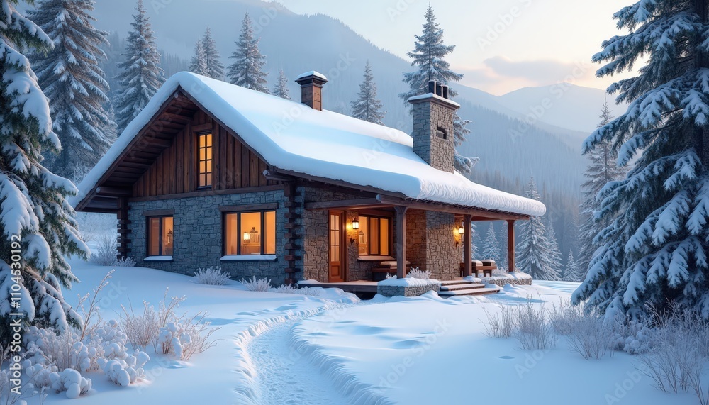 Encased in freshly fallen snow, a tranquil mountain cabin becomes a serene winter sanctuary. Encased in freshly fallen snow, a tranquil mountain cabin becomes a serene winter sanctuary.
