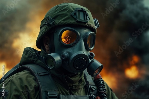 A close-up portrait image of a soldier in a gas mask