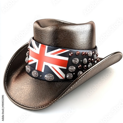 Brown leather cowboy hat with Union Jack band and studded accents. photo