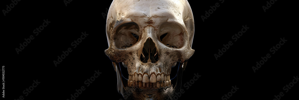 Naklejka premium Detailed 3D Rendered Human Skull Illustration with Realistic Shading and Texture, Emphasizing Anatomical Accuracy Against Dark Background