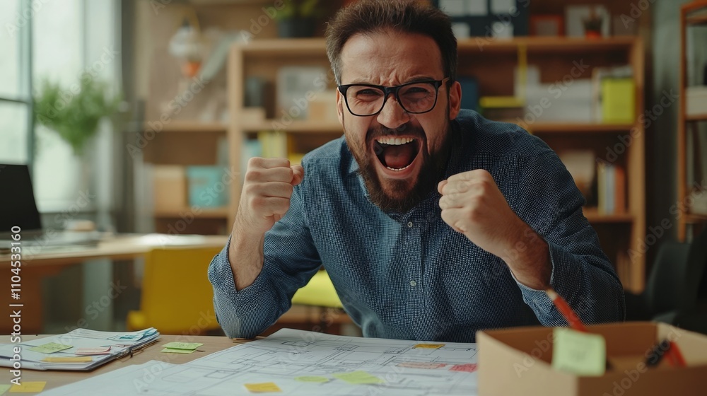 Successful engineer poses triumphantly at desk. Successful engineer poses triumphantly at desk.