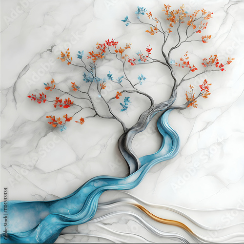 Abstract Tree with Flowing Fabric on Marble