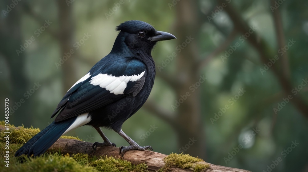 Black and white bird perched on mossy branch. Black and white bird perched on mossy branch.