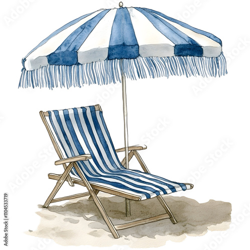 charming watercolor illustration of a blue and white striped beach chair