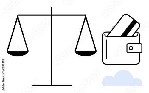 Scales tipped to one side next to a wallet containing a card and a small cloud. Ideal for finance, budgeting, wealth management, economic balance, cost-benefit analysis, financial planning, personal