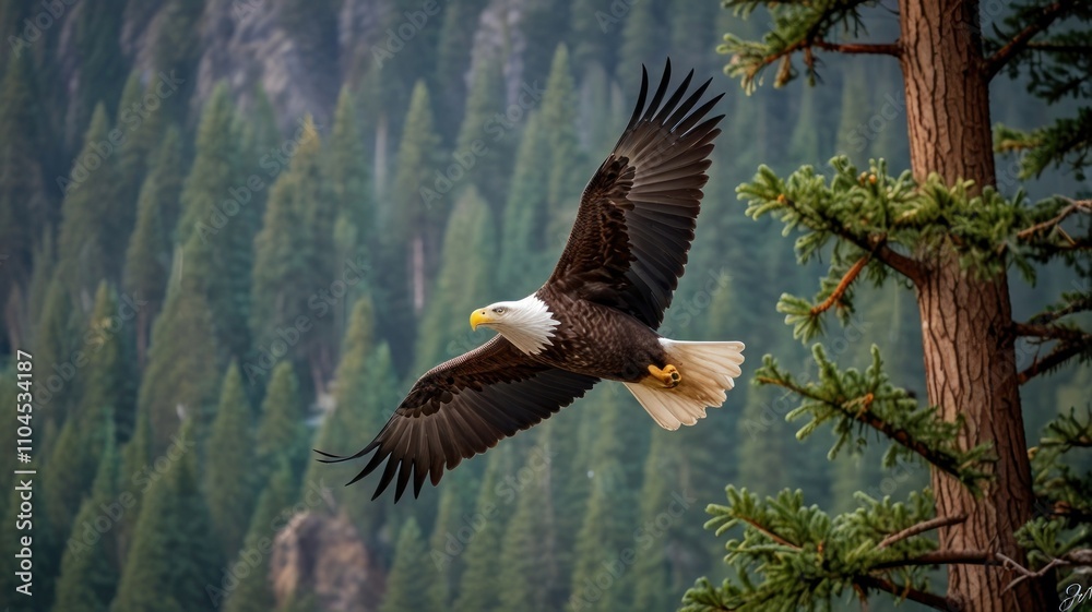 Majestic bald eagle in flight over a lush forest. Majestic bald eagle in flight over a lush forest.