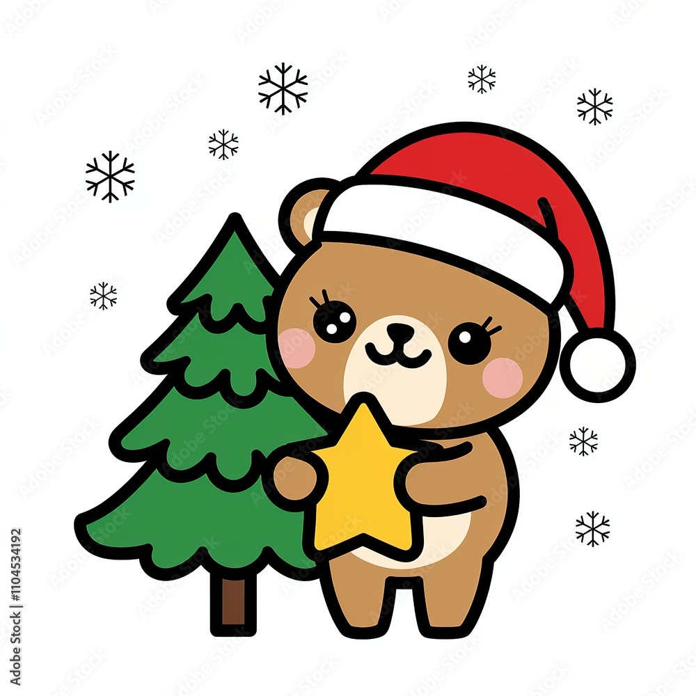 illustration of a Christmas teddy bear with a star in his hand next to a tree in the snow illustration of a Christmas teddy bear with a star in his hand next to a tree in the snow