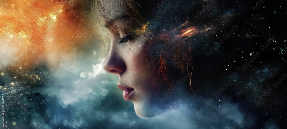 Cosmic Girl: A Surreal Portrait of a Young Woman Merging with the Universe Cosmic Girl: A Surreal Portrait of a Young Woman Merging with the Universe