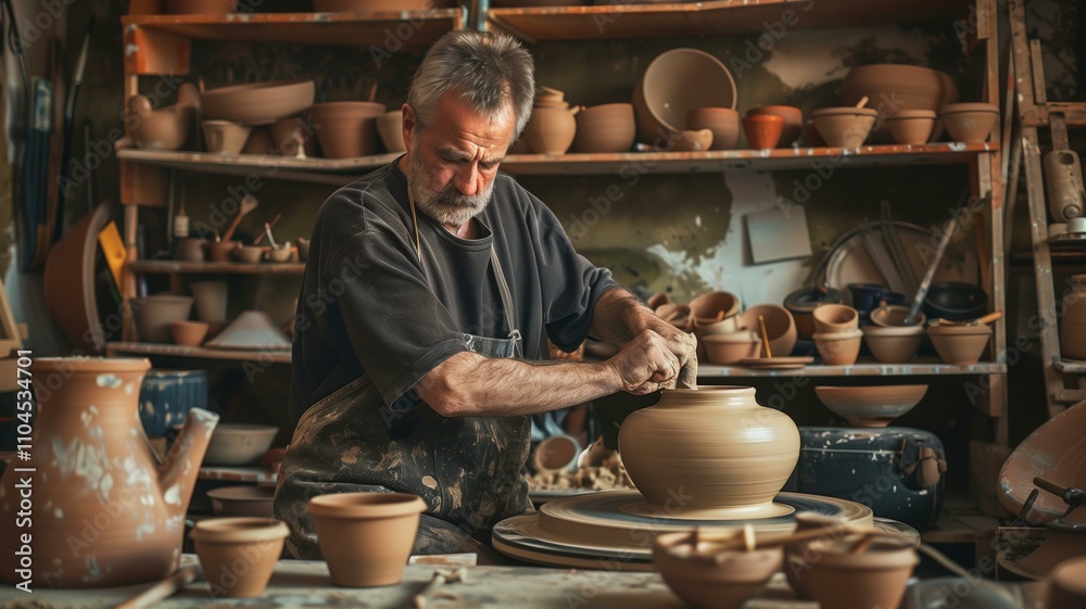 Experienced potter skillfully shaping a clay vase in a cozy, rustic studio
Experienced potter skillfully shaping a clay vase in a cozy, rustic studio