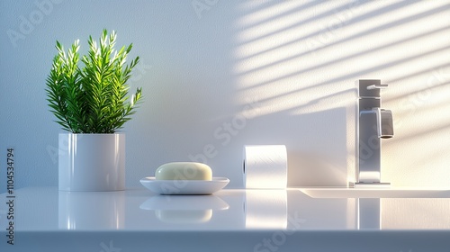 Sleek bathroom setup, fresh toilet paper roll, soap dish, small green plant, clean white countertop, minimalist design, sunlight filtering in