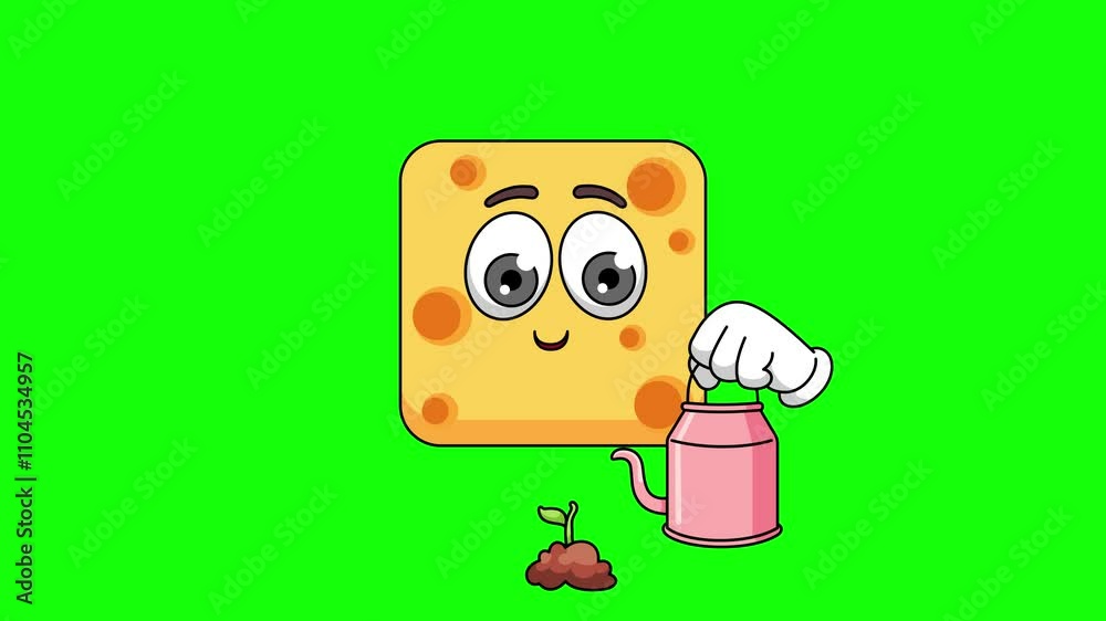 cheese cartoon is watering a plant, wearing a sun hat cheese cartoon is watering a plant, wearing a sun hat