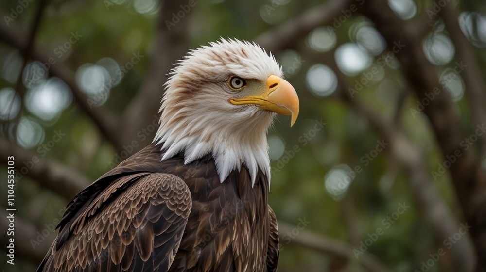 Majestic bald eagle portrait, sharp focus, perched amidst blurred foliage.