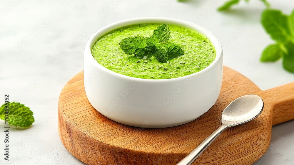 Spoon with green chutney sauce, mint sprigs, rich yogurt infusion, fresh look Spoon with green chutney sauce, mint sprigs, rich yogurt infusion, fresh look
