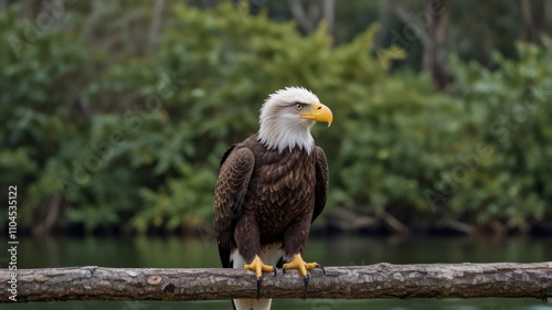 Majestic bald eagle perched on a branch near water. photo