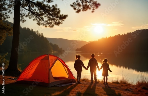 Family enjoying lakeside camping adventure at sunset. Children hold hands, stand by orange tent. Beautiful tranquil landscape with lake, mountains. Perfect family bonding, leisure time. Scenic summer photo