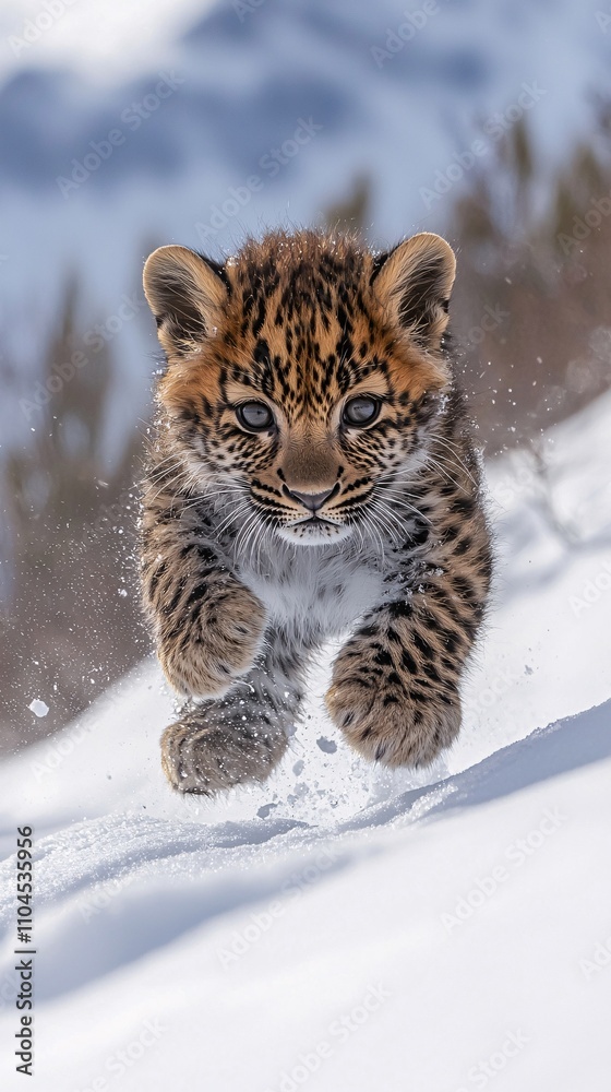 Obraz premium close-up Leopard Cub Playing in the Snow, snow-capped mountains, 