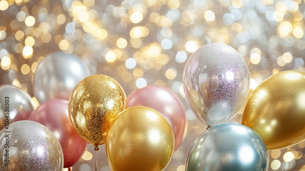 A cluster of shiny New Years balloons in gold, silver, and vibrant colors against a festive studio backdrop. Ideal for holiday greetings and events. A cluster of shiny New Years balloons in gold, silver, and vibrant colors against a festive studio backdrop. Ideal for holiday greetings and events.