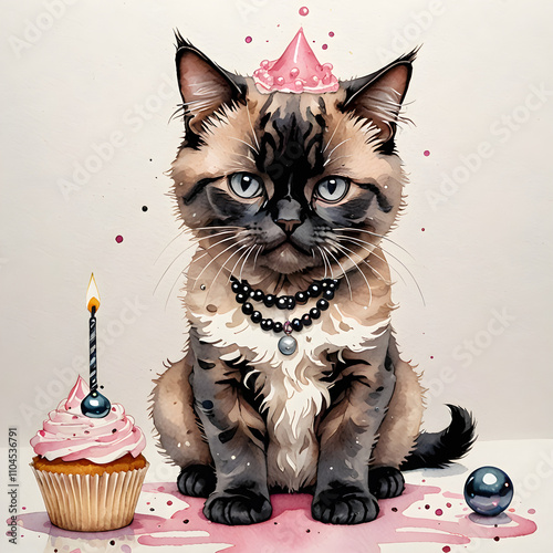 Festive dark cat in celebration with a deliciouse cupcake photo