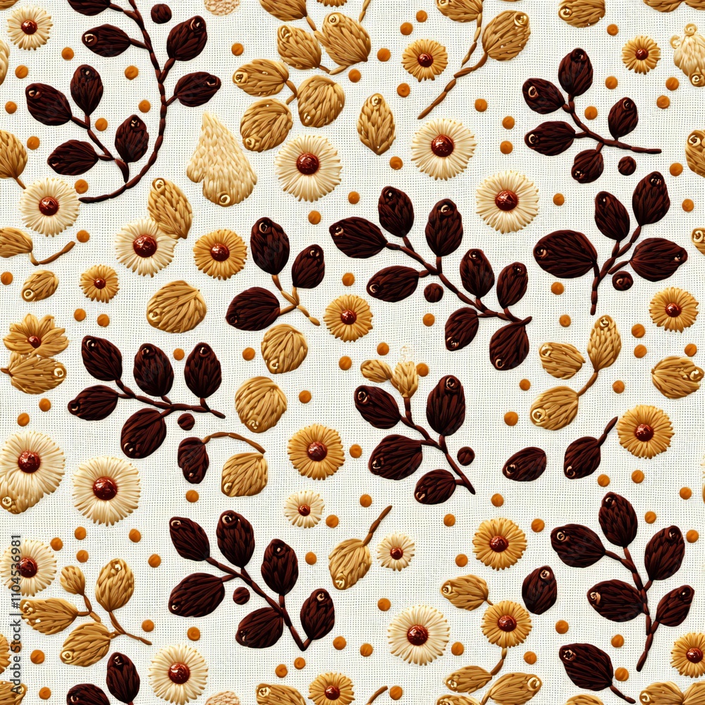 Fototapeta premium Elegant Floral Embroidery Seamless Pattern Brown Beige Gold Flowers Leaves Textile Design