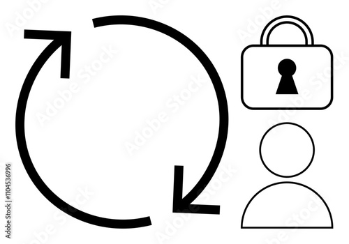 Circular arrows indicating a cycle next to a lock symbolizing security and a user icon. Ideal for cybersecurity, user privacy, data protection, secure login, software updates, access control