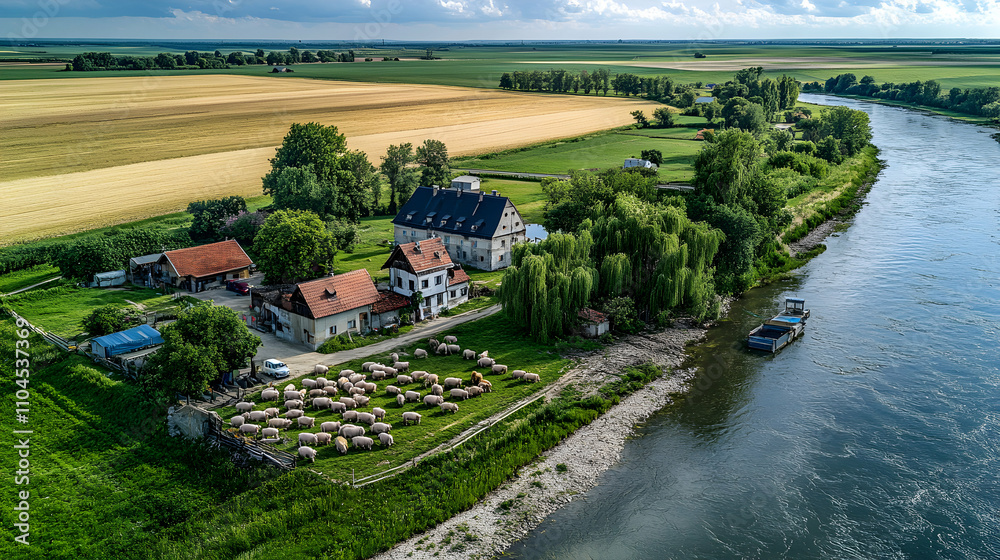 Aerial View of Farmland by River with Sheep Aerial View of Farmland by River with Sheep