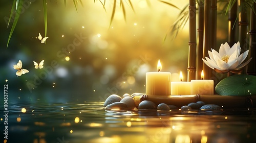 Tranquil Zen Candlelight Setting with Glowing Lotus and Bamboo Reflections : Generative AI