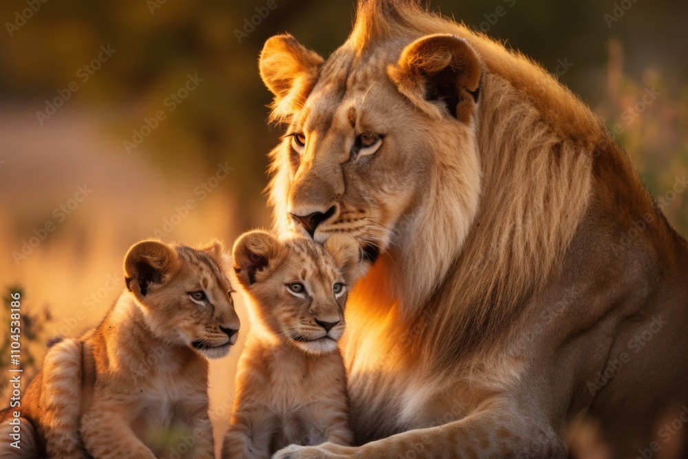 A majestic male lion lovingly interacts with his two playful cubs in a golden sunset. A majestic male lion lovingly interacts with his two playful cubs in a golden sunset.