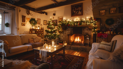 Interior Christmas - Magic Glowing Fireplace with Gifts in a Cozy Night Setting