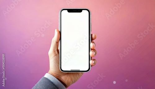 Phone in hand. Phone with white screen. Mobile phone in hand. Mobile phone mock up. Phone template. Smartphone.