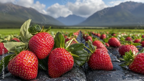 Strawberry orchard with vivid red fruits, soft dew on each berry, light brown saplings, panoramic farmland and mountains softly blurred