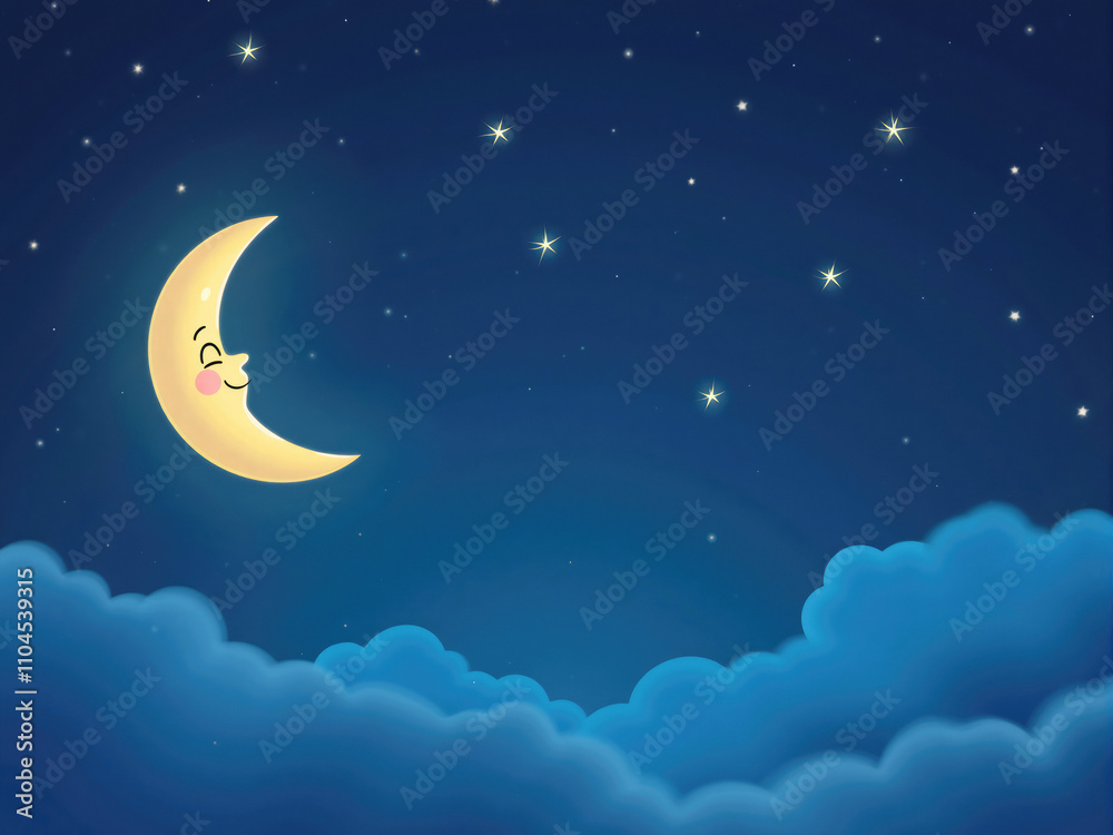 Naklejka premium Smiling moon sleeping peacefully in a starry sky
