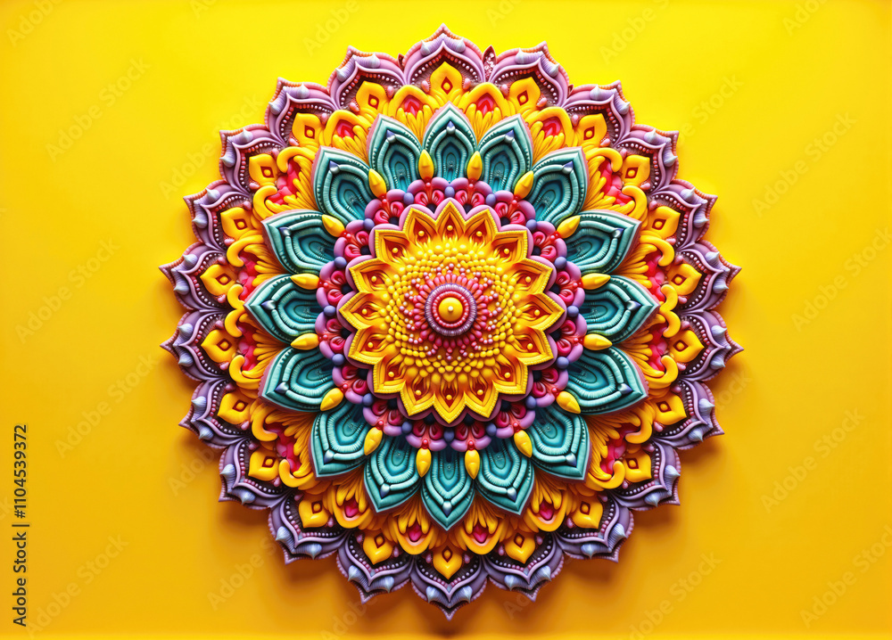 Colorful mandala design radiating on yellow background Colorful mandala design radiating on yellow background