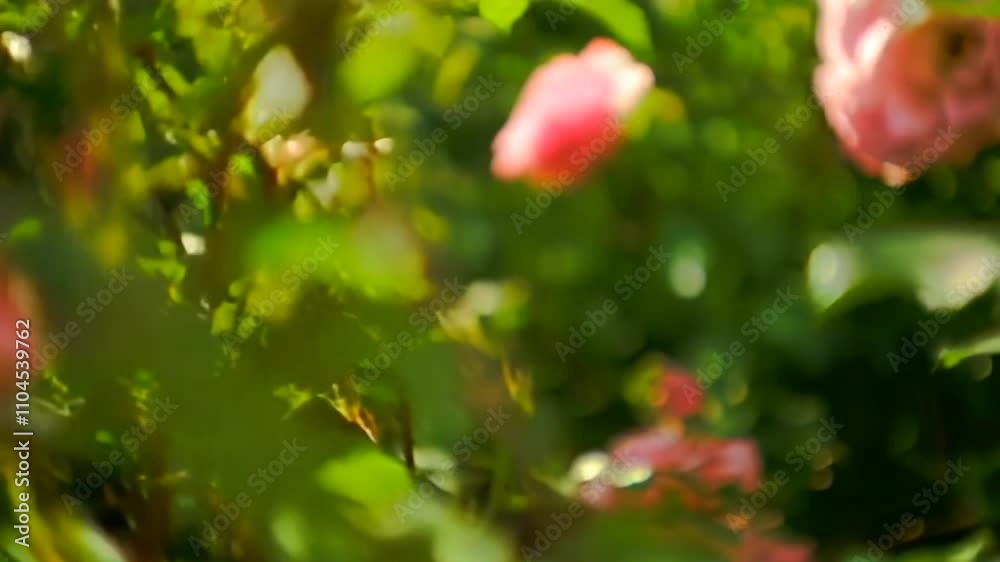 Cámara se adentra en un jardin de rosas rosadas.