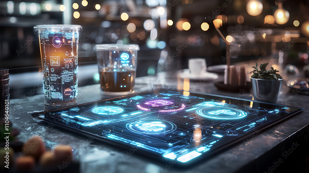 futuristic cyberpunk cafe scene featuring interactive AI holograms on sleek table. ambiance is enhanced by glowing drinks and soft lighting, creating vibrant atmosphere futuristic cyberpunk cafe scene featuring interactive AI holograms on sleek table. ambiance is enhanced by glowing drinks and soft lighting, creating vibrant atmosphere