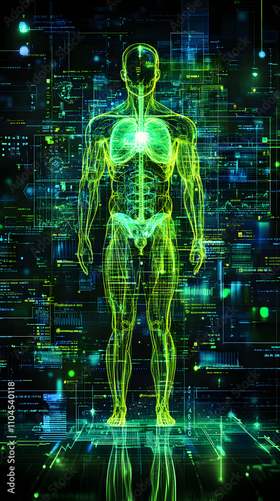 Digital Human Anatomy: A 3D Wireframe Model of the Human Body Overlaid on a Futuristic Tech Background Digital Human Anatomy: A 3D Wireframe Model of the Human Body Overlaid on a Futuristic Tech Background