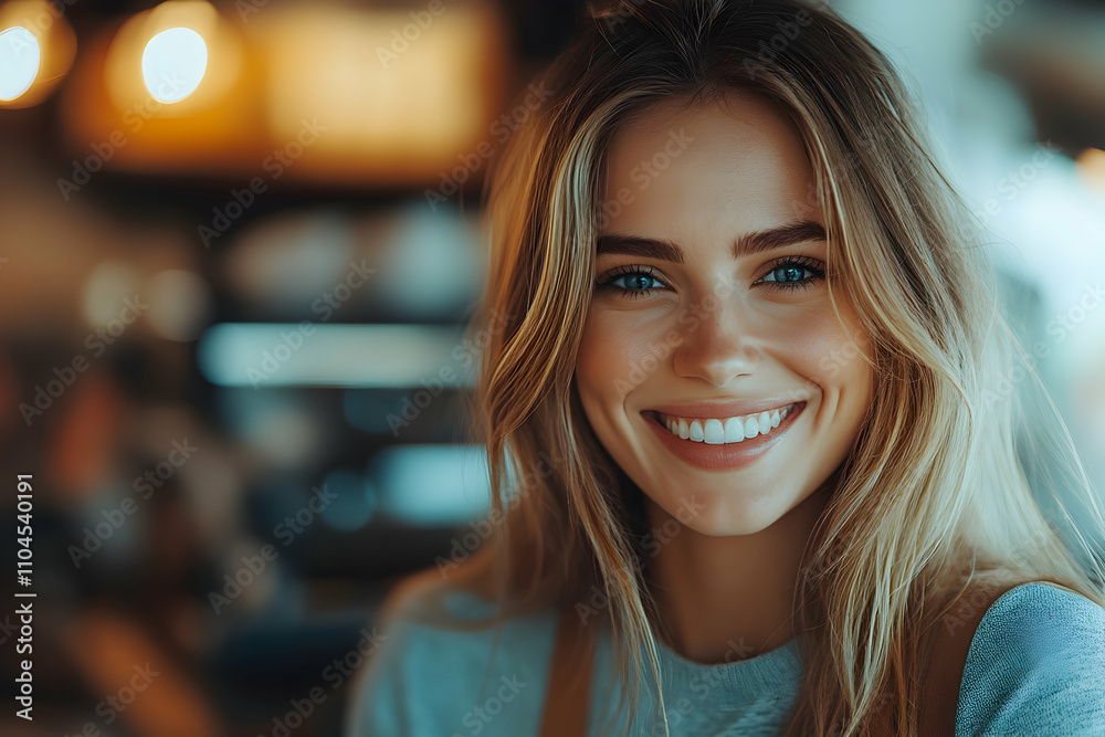 Smiling Woman with Long Blonde Hair in Cafe Smiling Woman with Long Blonde Hair in Cafe