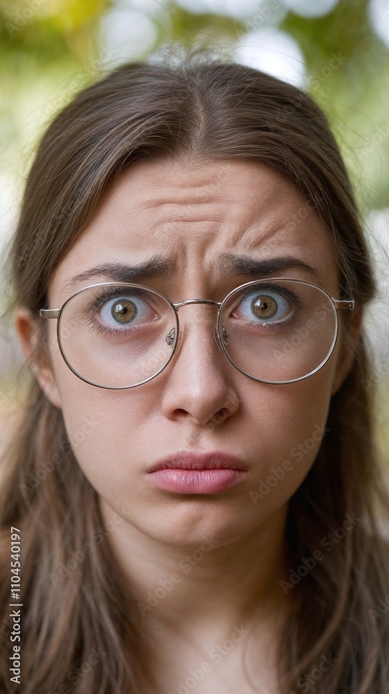 Close-up of a young Caucasian woman with glasses looking surprised against a blurred natural background.