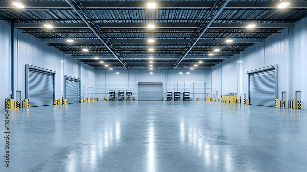 Large Empty Warehouse with Roll-Up Doors and Bright Lighting, Ideal for Storage and Logistics Large Empty Warehouse with Roll-Up Doors and Bright Lighting, Ideal for Storage and Logistics