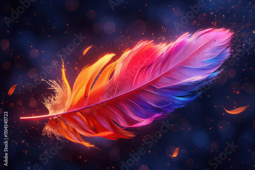 abstract image of a feather, brightly colored in blue, purple, pink and orange tones, with elements of luminous particles and highlights, on a dark background with red bokeh. 