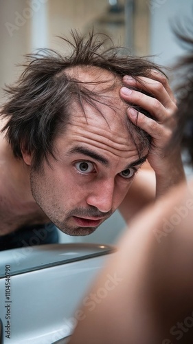 Worried man examining his thinning hair in the mirror with a concerned expression.