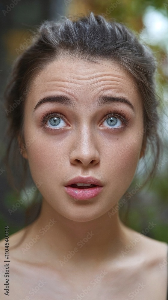 Young woman with curious expression and blue eyes, outdoors. Young woman with curious expression and blue eyes, outdoors.