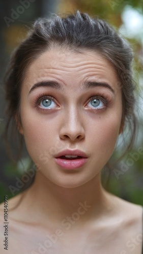 Young woman with curious expression and blue eyes, outdoors.