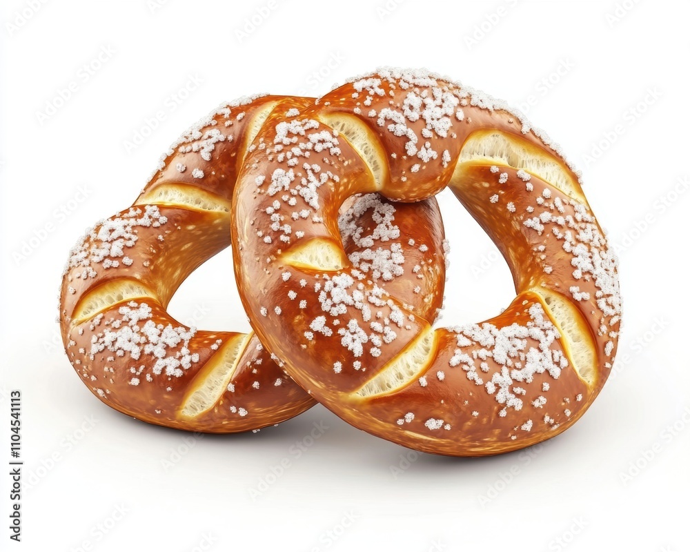 Two freshly baked, golden-brown pretzels dusted with coarse salt and sugar. Two freshly baked, golden-brown pretzels dusted with coarse salt and sugar.