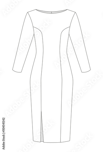 Fitted midi dress with long sleeves, a round neckline, and a front slit illustrated as a minimalist technical sketch