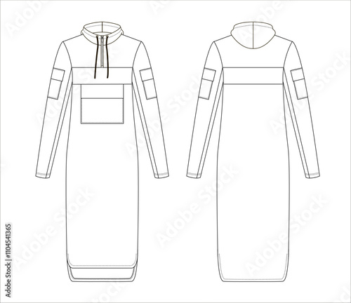 Long hoodie dress with a drawstring neckline, kangaroo pocket, sleeve pockets, and side slits illustrated as a minimalist technical sketch