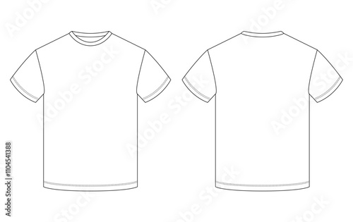 Classic crew neck T-shirt with short sleeves and a straight hem depicted as a minimalist technical sketch