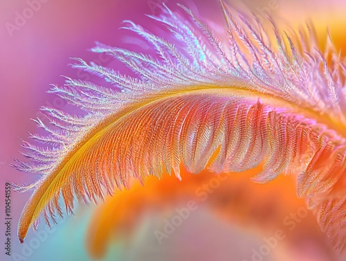 Close-up of a single, vibrant orange and pink feather, softly lit against a blurred background, showcasing intricate detail and texture. photo