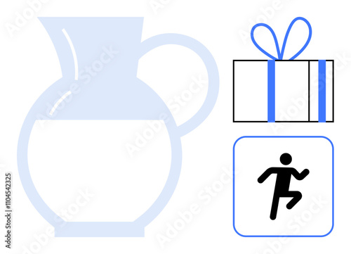Milk jug half-filled, wrapped gift with ribbon, running person icon in simple design. Ideal for health, fitness, nutrition, celebrations, activities lifestyle gifts. Line metaphor