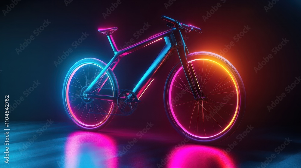 Fototapeta premium A futuristic bicycle with sleek design, glowing lights, and vibrant colors in a modern studio setting. Perfect for tech or innovation themes.